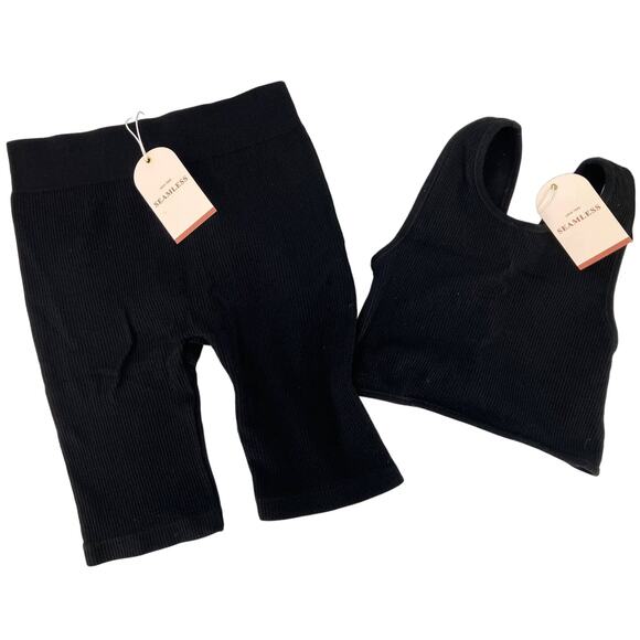 Love Tree 2 Piece Set Ribbed Seamless Lightweight Bike Shorts Bralette Bra Top - Picture 1 of 13